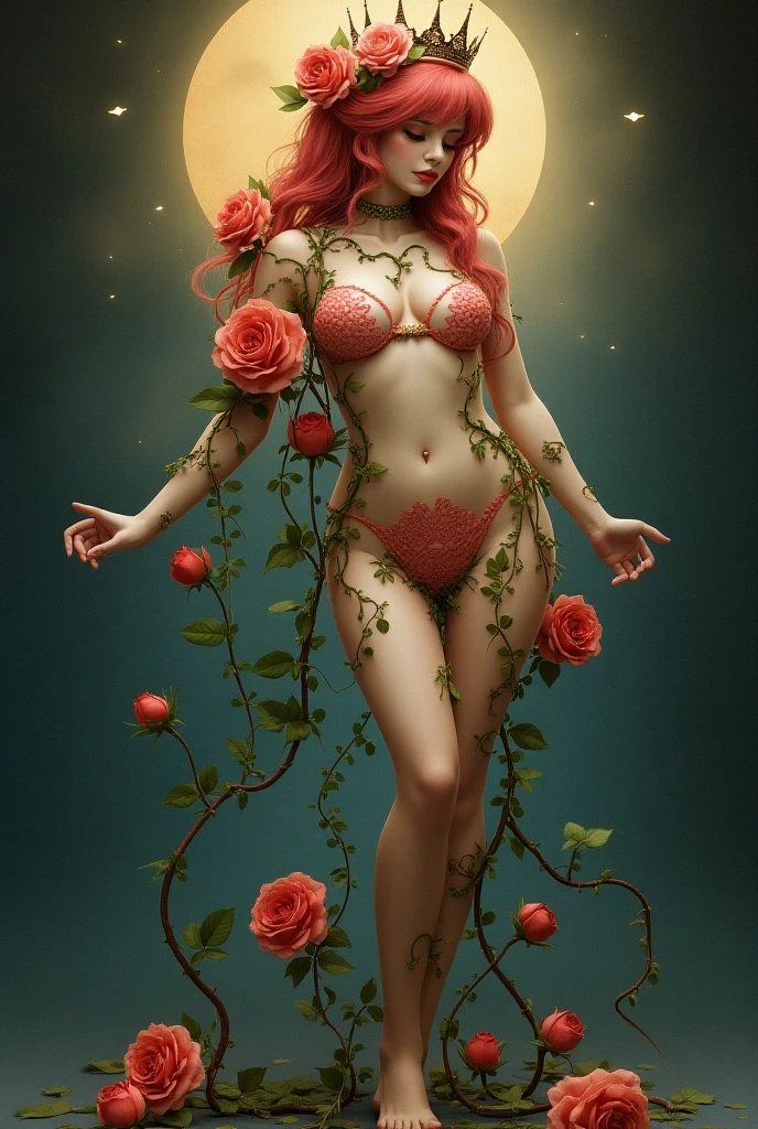 Roses, thorns, dryad, full-body shot, gorgeous woman