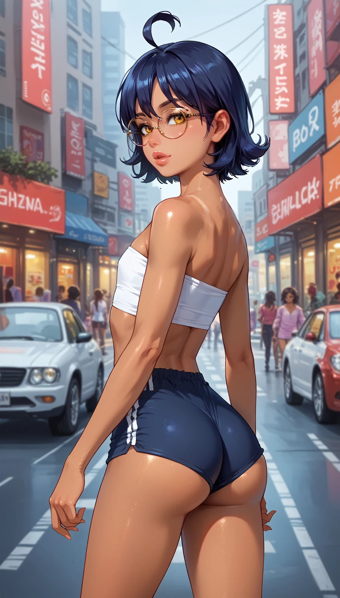 score_9, score_8_up, score_7_up, source_anime, full lips, golden tan skin, small white tube top, flat chest, tight small shorts, toned, bubble butt, athletic, slim, mz, ahoge, short hair, blue hair, yellow eyes, round glasses, AniPnyXLQual, sunny day at city