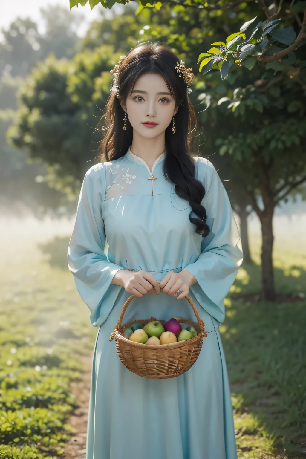 1 Sister, (masterpiece, quality, best quality, Official Art , beauty的东方人,beauty: 1.2), ( dress modestly),Colorful folk costume (Colorful:1.2), farm servants ,beauty明亮的眼睛 (Fractal Art: 1.1), Hand basket , thick fog in the field ,((Mist,Heavy fog)),More natural shadows,Realistic photography,Leaves on a dress,Middle distance(Fruit trees), (No jewellery),