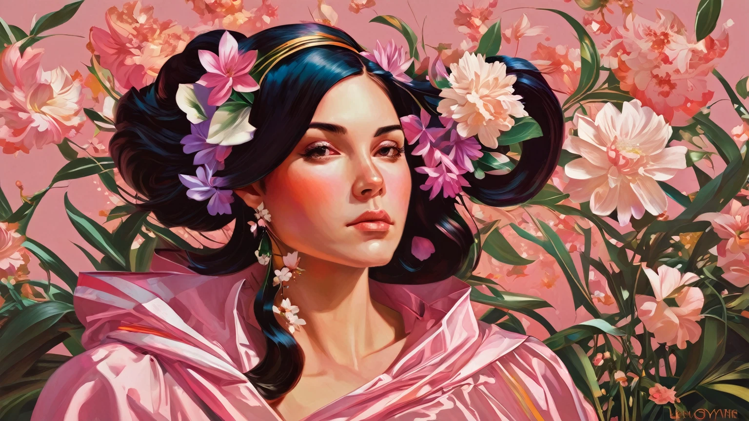  Painting of a woman with flowers in her hair,  art portrait of Martin Ansin , daniel lezama painting style, Diego Dayer, Detailed 4K Painting, Beautiful digital painting, stunning digital painting, Artgerm Julie Bell Beeple,   minimalist flat pink background  , Beautiful painting of characters, oil on canvas 4k , intricate wlop,  digital art oil painting 