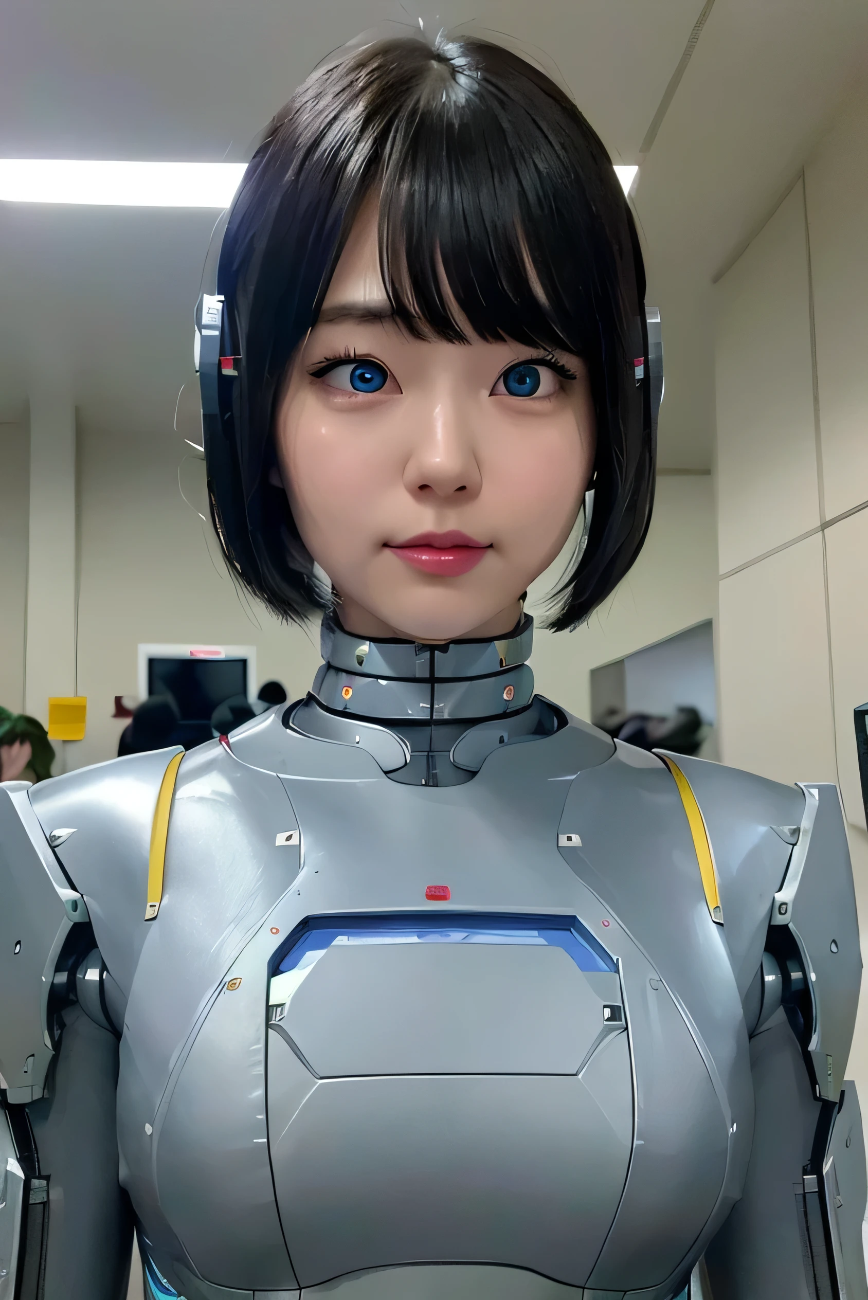 masterpiece, best quality, extremely detailed,  Japaese android girl,Plump , control panels,android,Droid,Mechanical Hand, Robot arms and legs, Black Robot Parts,Black hair,Mechanical body,Blunt bangs,White robotics parts,perfect robot girl,future information counter,reception,long tube,thick cable connected her neck,ceramic body ,mechanical body,mechanical costume,android,robot,humanoid,cyborg,information office,japanese android receptionist ,mechanical chest,blue eyes,office-lady