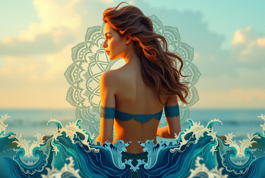 A hyper-textured female figure is seated with her back to the viewer, her bare skin glowing with warm tones. Her auburn hair intricately merges into a circular mandala-like pattern, detailed with fine filigree that mimics lace encircling her head. From her waist down, her form transitions into swirling ocean waves in vibrant shades of blue and deep teal, blending seamlessly with her body. Her arms are adorned with cuffs resembling lace merging into water. The background features a soft gradient of light blues, yellows, and cream tones. She has perfect closed lips, hyper-realistic hair, and facial features. The hyper-detailed scene is rendered in 64K, UHD, HDR, with cinematic lighting, crisp contrasts, and intricate design elements. Hyper-realistic reflections are seen in her eyes, enhancing the overall grace and elegance. Shot with a Nikon D850, this image is digitally mastered with immersive detail, combining fantasy and realism in perfect proportion.