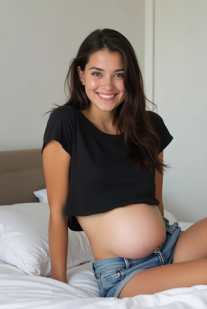 Realistic white pregnant woman, Brown hair, in clothing fitting room, wearing white bikini, small breasts, Golden necklace, with husband, smiley expressions, selfie mode photo, photo from the side