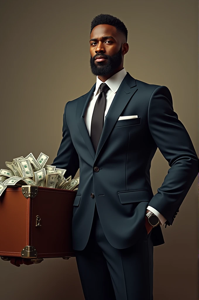 1.82 cm brown man with a suitcase with thousands of euro banknotes containing thousands of euros, on a hotel bed, 8k, uhd, iluminação baixa severa, alta qualidade, foco nitido, fujifilm XT3 --auto --s2