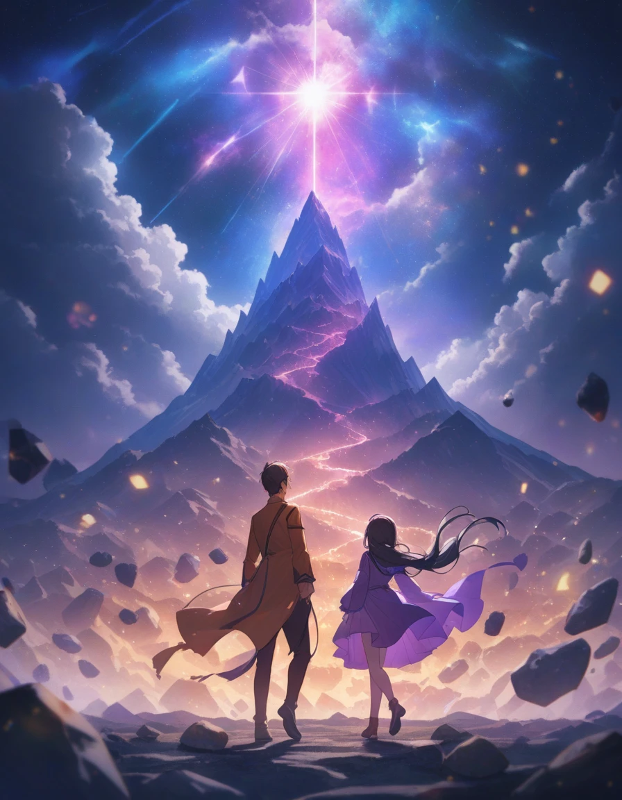 A highly detailed, dramatic, and colorful book cover for the novel 'The Road to the Black Mountain Peak.' The scene features two main characters, Leila and Ahmed, running separately toward a distant, glowing mountain peak, which appears like a star emitting beams of light. The mountain itself is dark and towering, giving a sense of mystery and danger, while the light at its summit represents a distant hope.

The road they are on is treacherous and uneven, full of sharp rocks, debris, and surrounded by thick swirling fog that creates an ominous and eerie atmosphere. Leila, a , is depicted with long brown hair flowing behind her, light blue eyes, and wearing a once-luxurious, now torn and ragged dress, reflecting her background of wealth and her current struggle. Beside her but at a distance, Ahmed, a boy of the same age, has short black hair, dark skin, and is dressed in simple, worn-out clothing, showcasing his humble origins.

The characters are shown from behind, highlighting their journey toward the black mountain, with the road ahead appearing daunting and dangerous. The landscape is haunting yet vividly colorful, with dark blues, purples, and oranges blending together to create a surreal environment. The contrast between the dark, menacing mountain and the glowing, hopeful light at its peak symbolizes the harshness of their path and the glimmer of hope they are chasing. The entire scene evokes a sense of both fear and determination, encapsulating the emotional and physical trials they face on their journey.
