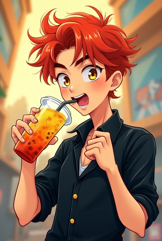 Extraverted Boy Manhua style, a Korean boy with yellow eyes and red hair, extroverted ...