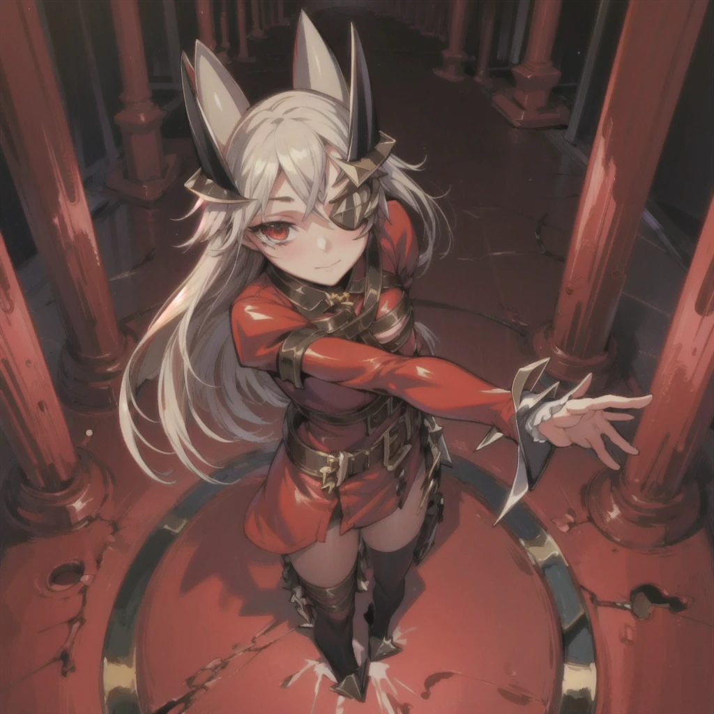 masterpiece, high res, Detailed face, Detailed eyes,  animated screen capture,  1 girl,  standing, Summoning Array, devil, Bad Smile, Eye patch, slender,  clevis,  blond hair, Long Hair, headgear, Red clothes, leather, belt, Knife, Gold Armor, Full Body,  cowboy shots, city  