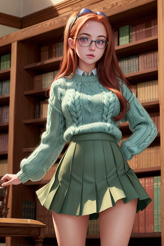 A hyper-realistic and extremely detailed and perfect image. Photograph of a teenager, by Annie Leibovitz, perfectly detailed face, green eyes, redhead, nerd, perfect body, big, narrow waist and nice hips. She wears a short violet skirt and a blue wool sweater. She is standing in the middle of a quiet old library, all made of wood. She is very pretty and sexy, she lifts her skirt and shows her panties.