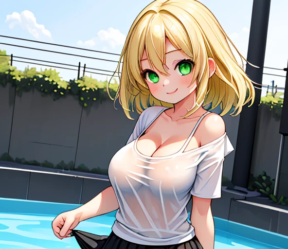   Create a realistic photo of a young woman with blond hair  (shoulder length), green eyes and very large breasts. he is smiling. She wears a white t-shirt,  V-neck showing a large cleavage to the point of showing part of the breasts, long adjustment and short sleeves,   without bra  ,  and she also wears a solid black cotton miniskirt. She comes out of a pool, soaked.  The t-shirt adheres to the body and is slightly transparent  .  Whole body,   wide-angle photo  .  