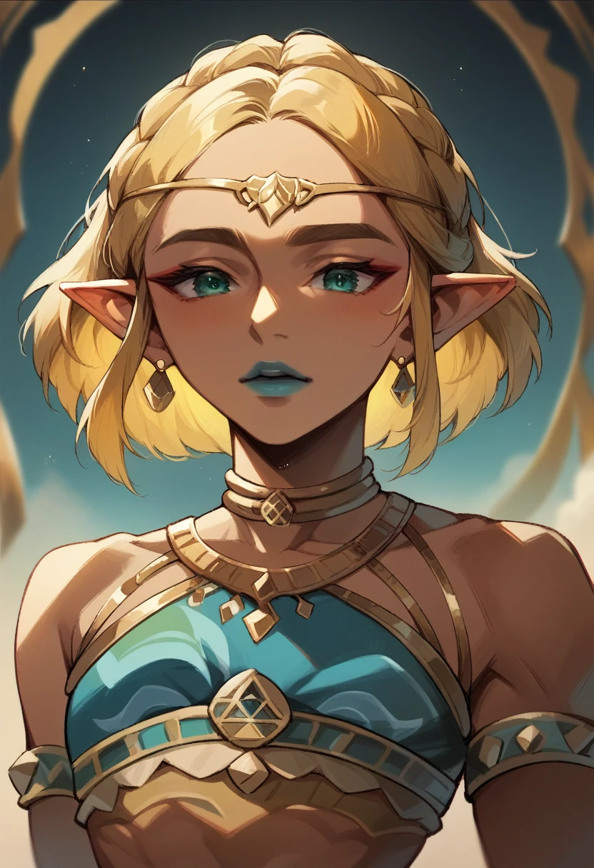 gerudo zelda, blue lips, blonde, short hair