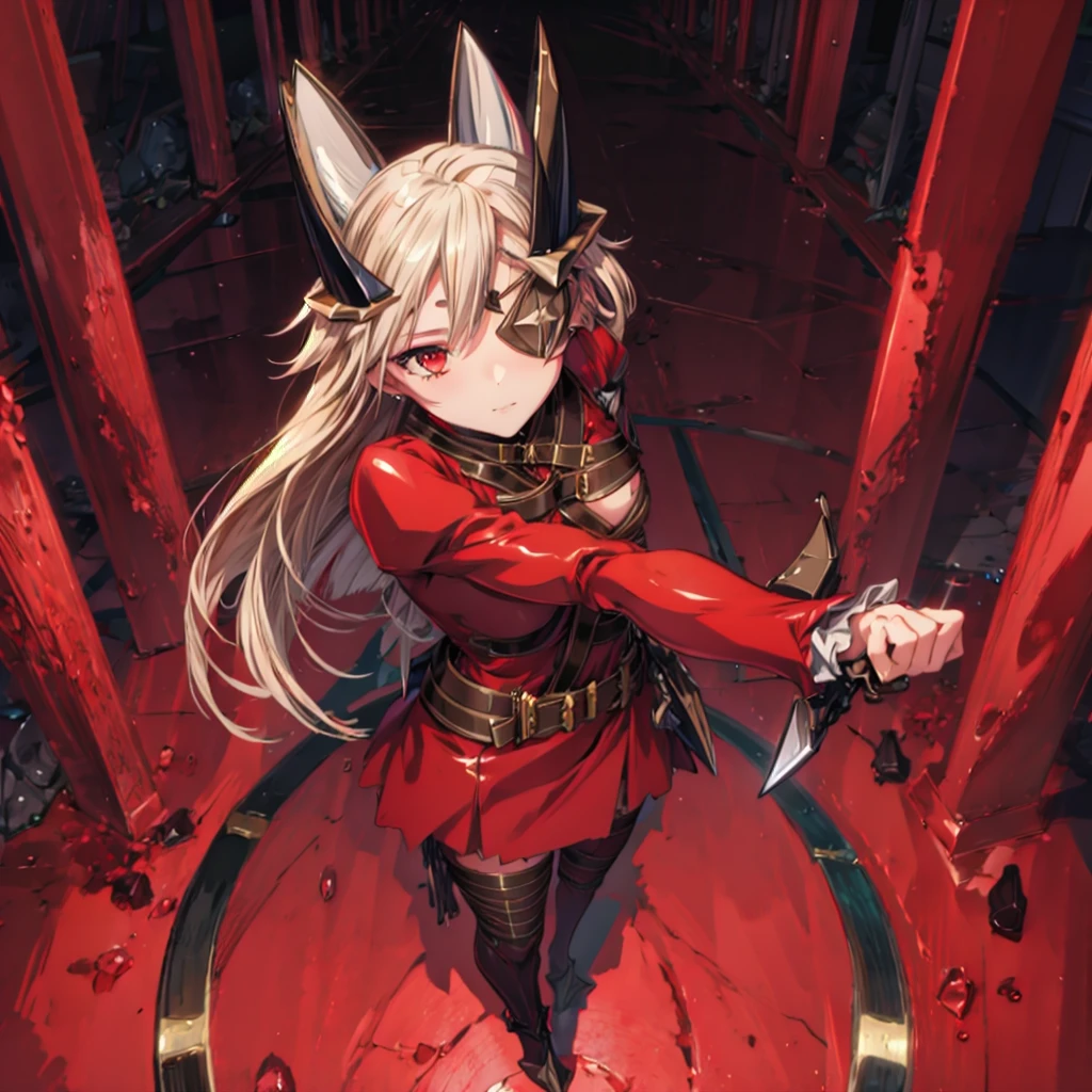 masterpiece, high res, Detailed face, Detailed eyes,  animated screen capture,  1 girl,  standing, Summoning Array, devil, Bad Smile, Eye patch, slender,  clevis,  blond hair, Long Hair, headgear, Red clothes, leather, belt, Knife, Gold Armor, Full Body,  cowboy shots, city  