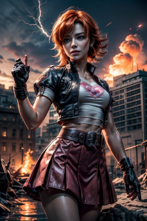cowboy shot, beautiful (nora_valkyrie), looking at viewer, smiling, lips, short hair, blue eyes, orange hair, hoop earring, heart design on t-shirt, gloves, jacket, pink skirt, pink belt, short sleeves, puffy sleeves, single armband, fingerless gloves, black nail, dynamic pose, night, lightning, standing on old suspension bridge, river, post-apocalypse, dystopian future, crowd, (crowd in military uniforms), bonfires, best quality, masterpiece, intricate details, tonemapping, sharp focus, hyper detailed, masterpiece, elegant face, beautiful face, highly detailed skin, skin pores, subsurface scattering, realistic pupils, full lips, detailed background, depth of field, atmospheric perspective, volumetric lighting, sharp focus, absurdres, realistic proportions, good anatomy, (realistic, hyperrealistic:1.4), 16k hdr,