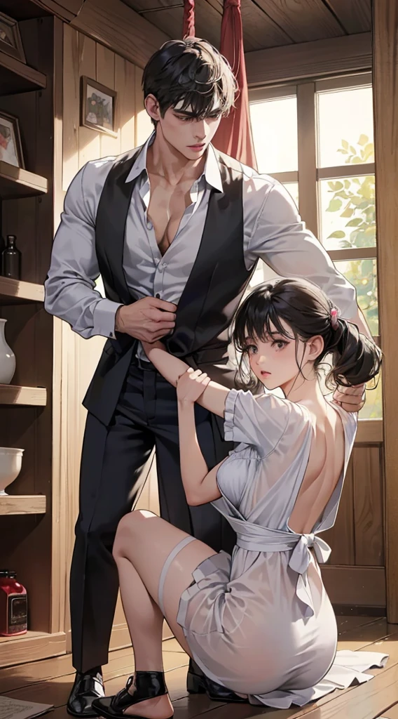 A girl with a leash around her neck, holding the leash with one hand. A boy is behind her, grabbing the leash with a rope in the other hand. They are both dressed casually but elegantly., in a discreet and modern environment. The scene has soft lighting that creates an intimate atmosphere, highlighting the connection between the two characters without being explicit. (Make it a discreet photo to share)