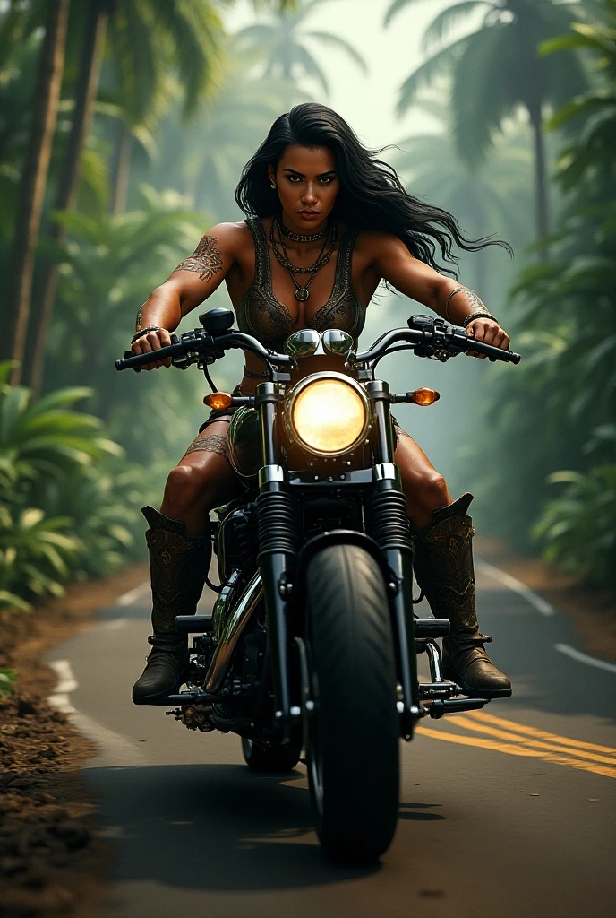 Naked young black woman riding a motorbike directly toward viewer.