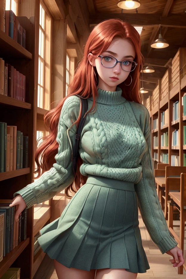 A hyper-realistic and extremely detailed and perfect image. Photograph of a teenager, by Annie Leibovitz, perfectly detailed face, green eyes, redhead, nerd, perfect body, big, narrow waist and nice hips. She wears a short violet skirt and a blue wool sweater. She is standing in the middle of a quiet old library, all made of wood. She is very pretty and sexy, she lifts her skirt and shows her panties.