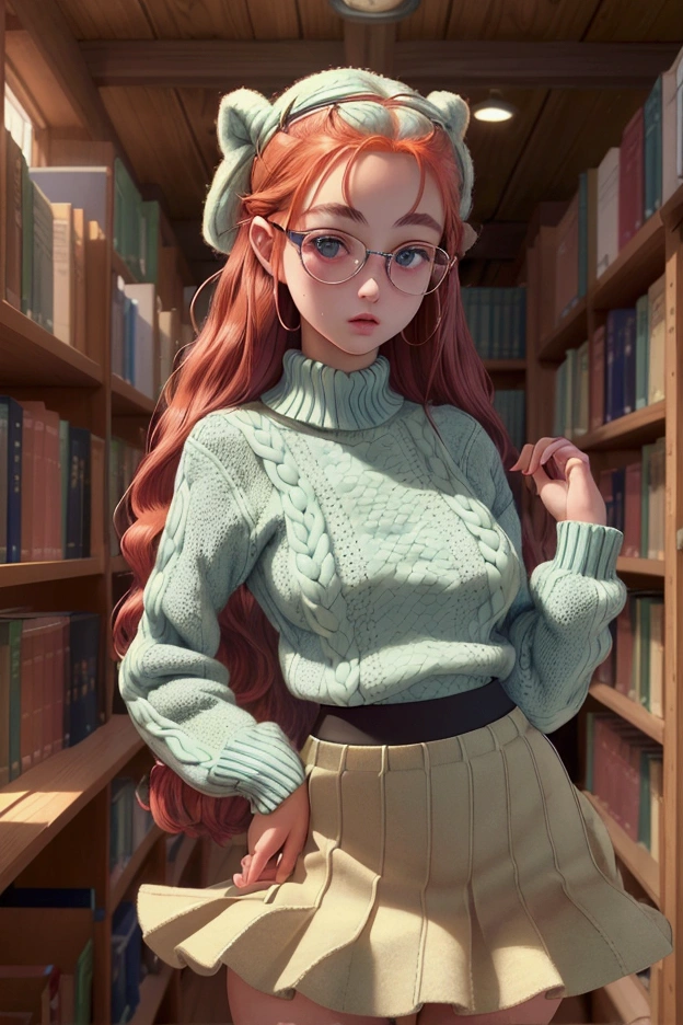 A hyper-realistic and extremely detailed and perfect image. Photograph of a teenager, by Annie Leibovitz, perfectly detailed face, green eyes, redhead, nerd, perfect body, big, narrow waist and nice hips. She wears a short violet skirt and a blue wool sweater. She is standing in the middle of a quiet old library, all made of wood. She is very pretty and sexy, she lifts her skirt and shows her panties.