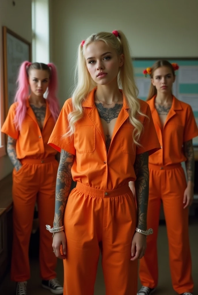 beautiful Instagram model, (long black hair:1.2), with her friend, blonde hair,  orange prison jumpsuit, prison yard, realistic, photorealistic, 4k, high quality, detailed, dramatic lighting, cinematic, fashion photography, editorial, dramatic pose, looking at camera, offener jumpsuit, große boobs