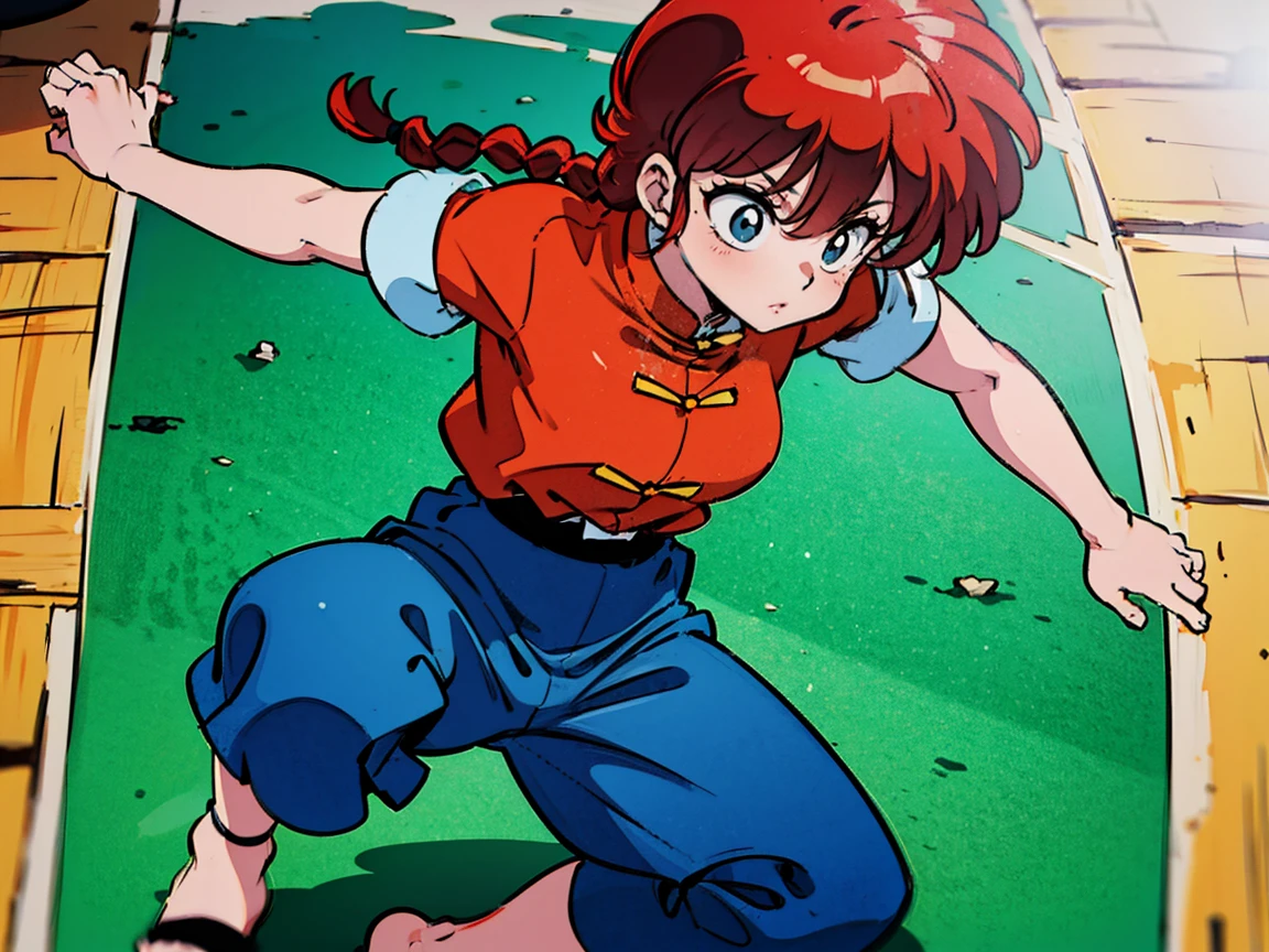 RanmaChan, cabello rojo, Cabello con trenza, ojos azules, ojos detallados, cuerpo completo, Shirt Tug Pose