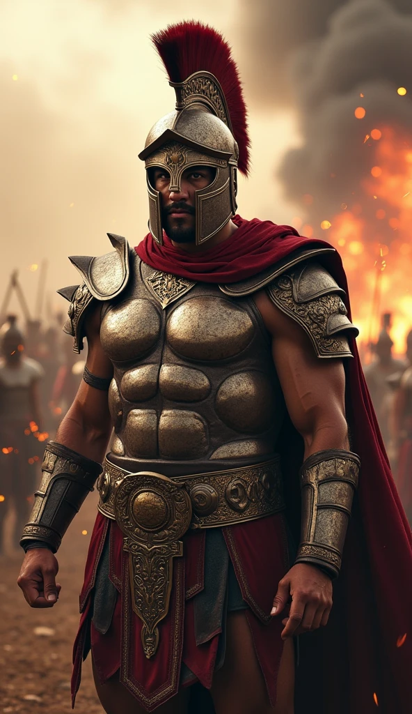 Muscular Gladiator, upper body revealed, Legs uncovered from thighs to feet, adorned with a beaded beard, longues boucles fluides, Complex muscle details, Photorealistic artwork, 4k resolution. background: Ancient Roman arena,32k UHD, Best quality, Masterpiece, super detail, High Details