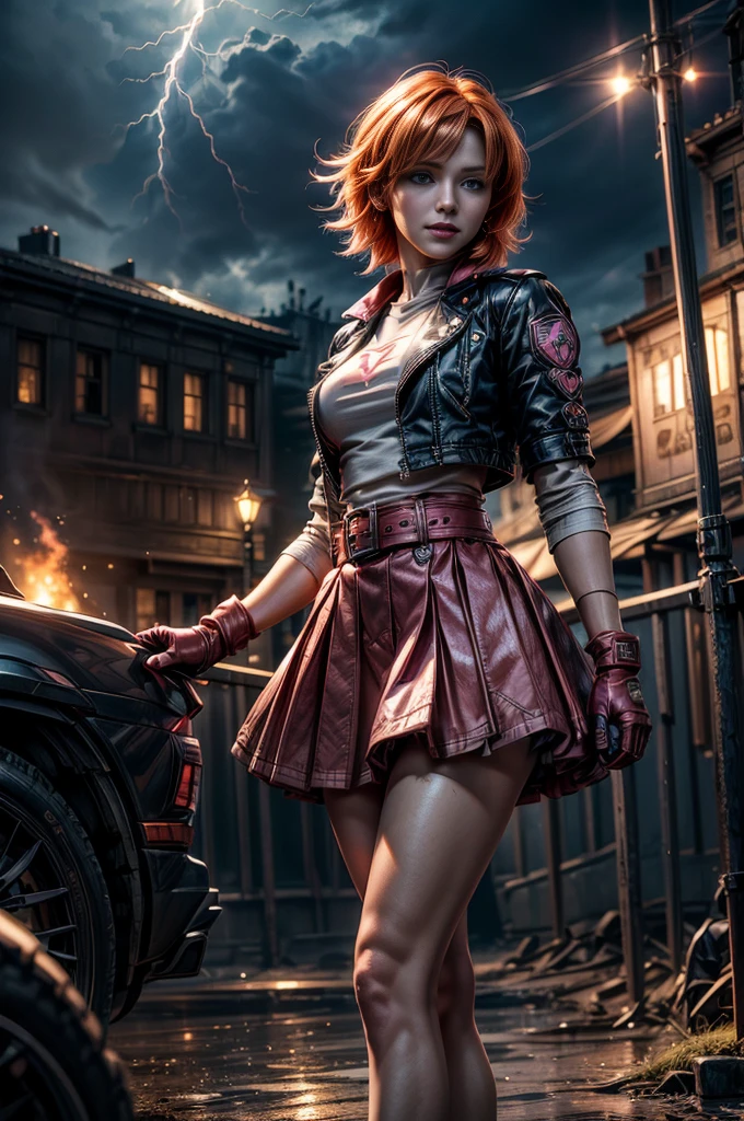 cowboy shot, beautiful (nora_valkyrie), looking at viewer, smiling, lips, short hair, blue eyes, orange hair, hoop earring, heart design on t-shirt, gloves, jacket, pink skirt, pink belt, short sleeves, puffy sleeves, single armband, fingerless gloves,  black nail, dynamic pose, night, lightning, standing on old suspension bridge, river, post-apocalypse, dystopian future, crowd, (crowd in military uniforms), bonfires, best quality, masterpiece, intricate details, tonemapping, sharp focus, hyper detailed, masterpiece, elegant face, beautiful face, highly detailed skin, skin pores, subsurface scattering, realistic pupils, full lips, detailed background, depth of field, atmospheric perspective, volumetric lighting, sharp focus, absurdres, realistic proportions, good anatomy, (realistic, hyperrealistic:1.4), 16k hdr,