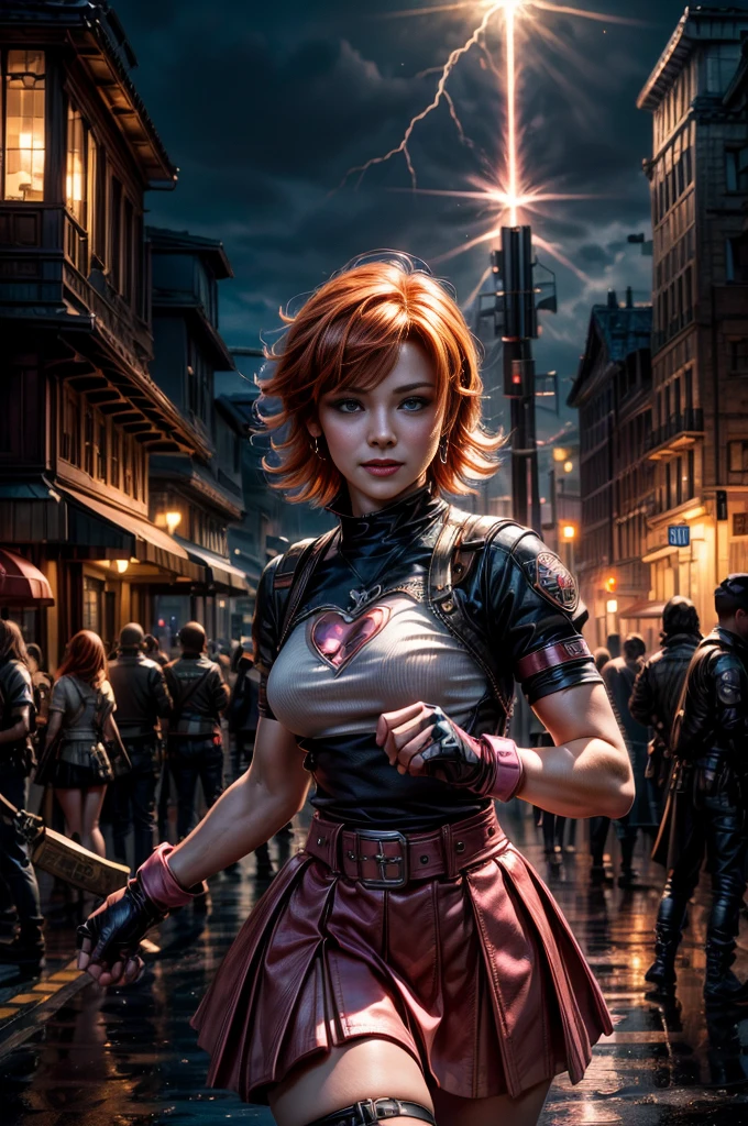 cowboy shot, beautiful (nora_valkyrie), looking at viewer, smiling, lips, short hair, blue eyes, orange hair, hoop earring, heart design on t-shirt, gloves, jacket, pink skirt, pink belt, short sleeves, puffy sleeves, single armband, fingerless gloves, black nail, dynamic pose, night, lightning, standing on old suspension bridge, river, post-apocalypse, dystopian future, crowd, (crowd in military uniforms), bonfires, best quality, masterpiece, intricate details, tonemapping, sharp focus, hyper detailed, masterpiece, elegant face, beautiful face, highly detailed skin, skin pores, subsurface scattering, realistic pupils, full lips, detailed background, depth of field, atmospheric perspective, volumetric lighting, sharp focus, absurdres, realistic proportions, good anatomy, (realistic, hyperrealistic:1.4), 16k hdr,
