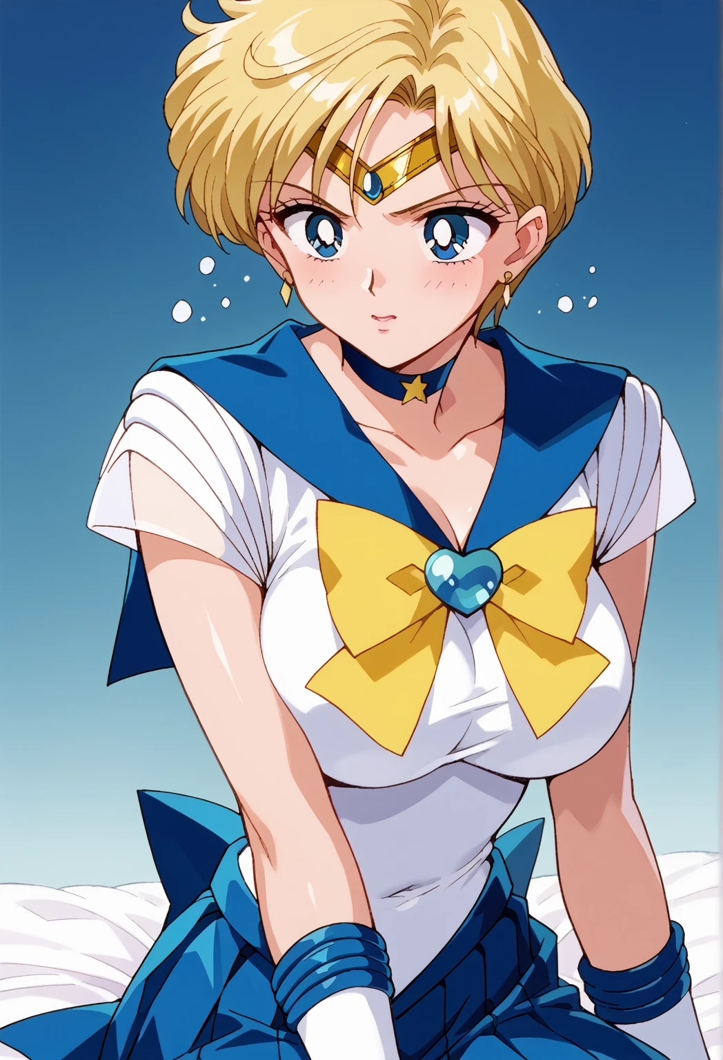 score_9, score_8_up, score_7_up, score_6_up, score_5_up, score_4_up, rating_questionable, source_anime, digital illustration, pixiv, official art, BREAK nsfw, 1 girl, cute, solo, Haruka Tenou, blonde hair, blue eyes, parted bangs, short hair, very short hair, in heat, (large breasts), back bow, blue bow, blue choker, blue gemstone, blue sailor collar, blue skirt, bow, bowtie, choker, circlet, earrings, elbow gloves, gem, gloves, jewelry, miniskirt, pleated skirt, sailor collar, shirt, short sleeves, skirt, white gloves, white shirt, yellow bow, yellow bowtie, upper body, sitting, (beautiful breasts, beautiful skin), sailor uranus, 