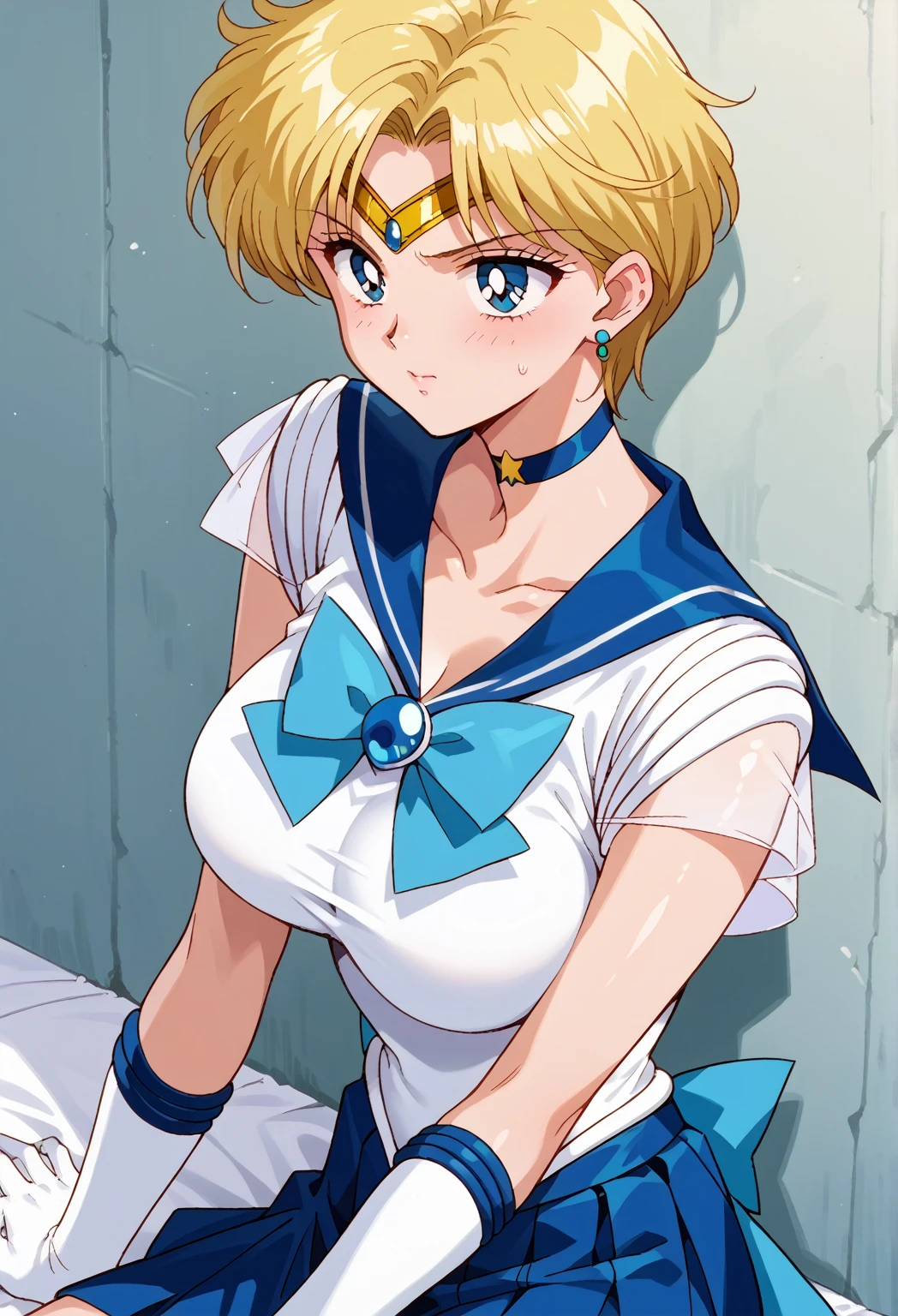 score_9, score_8_up, score_7_up, score_6_up, score_5_up, score_4_up, rating_questionable, source_anime, digital illustration, pixiv, official art, BREAK nsfw, 1 girl, cute, solo, Haruka Tenou, blonde hair, blue eyes, parted bangs, short hair, very short hair, in heat, (large breasts), back bow, blue bow, blue choker, blue gemstone, blue sailor collar, blue skirt, bow, bowtie, choker, circlet, earrings, elbow gloves, gem, gloves, jewelry, miniskirt, pleated skirt, sailor collar, shirt, short sleeves, skirt, white gloves, white shirt, yellow bow, yellow bowtie, upper body, sitting, (beautiful breasts, beautiful skin), sailor uranus, 