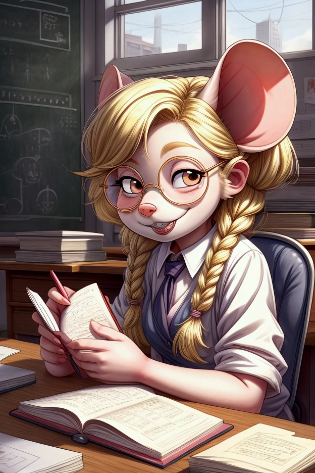 An arrogant smug nerdy dorky young grade 5 mouse girl with white fur and blonde hair in braids and large round glasses and braces taking notes at her desk during class in a crummy inner-city public school, in a cute anthro cartoon style