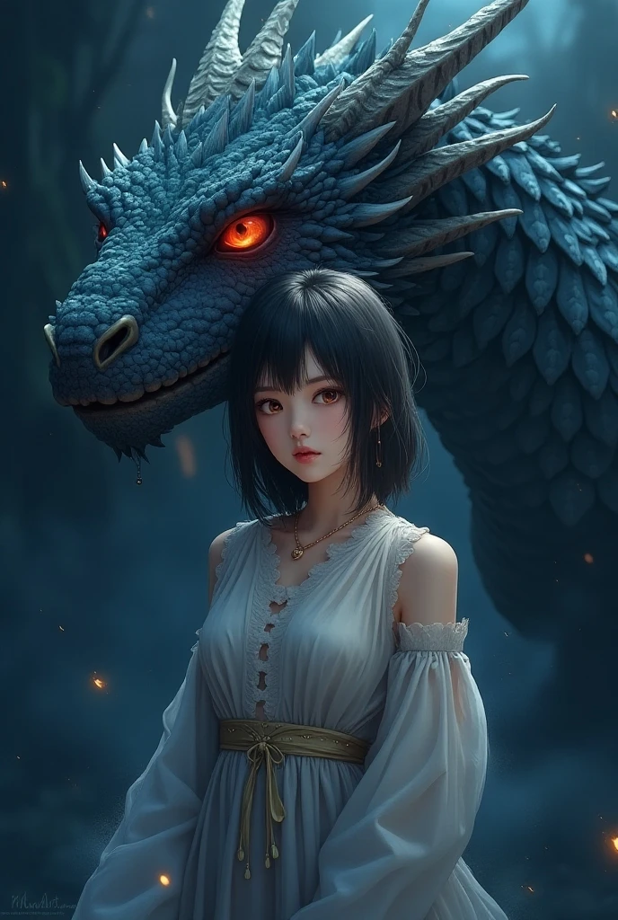 A 20 year old female with long slightly curly dark brown hair, Soft grey green eyes with slihtly tinted skin with lighter colored freckles across her face, with a White and light blue dragon