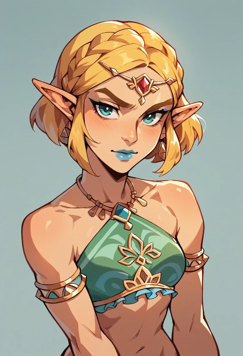 gerudo zelda, blue lips, blonde, short hair