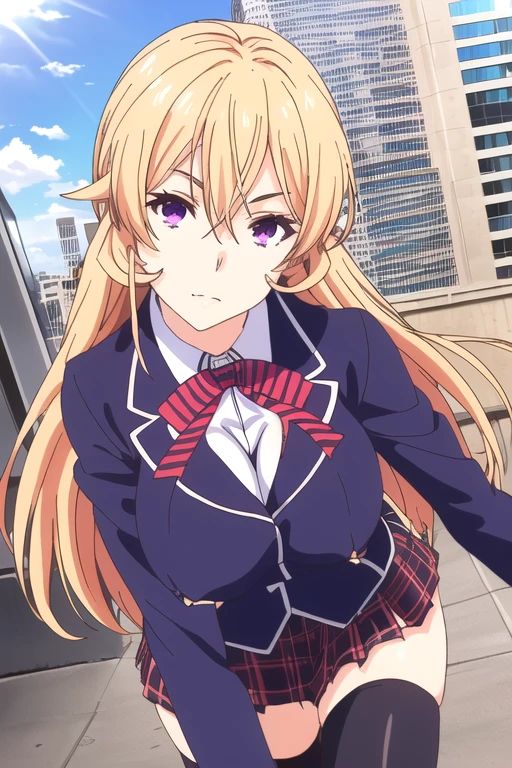 16k, best definition, a close up of a girl in a school uniform posing for a picture, beautiful erina nakiri, long hair, ((blond hair)), (purple eyes:1.1), hair between eyes, miniskirt, thighhighs, bow, school uniform, jacket, pleated miniskirt, shoes, black thighhighs, zettai ryouiki, plaid, plaid sminikirt, blazer, big breast, covered nipples, Beautiful Girl, beatiful eyes, Gorgeous young girl, young and cute girl, girl cute-fine-face, Beautiful young girl, Seductive Anime Girl, sexy look at the camera、Blouse with wide open chest, big breast, in a streeth city on a sunny day.