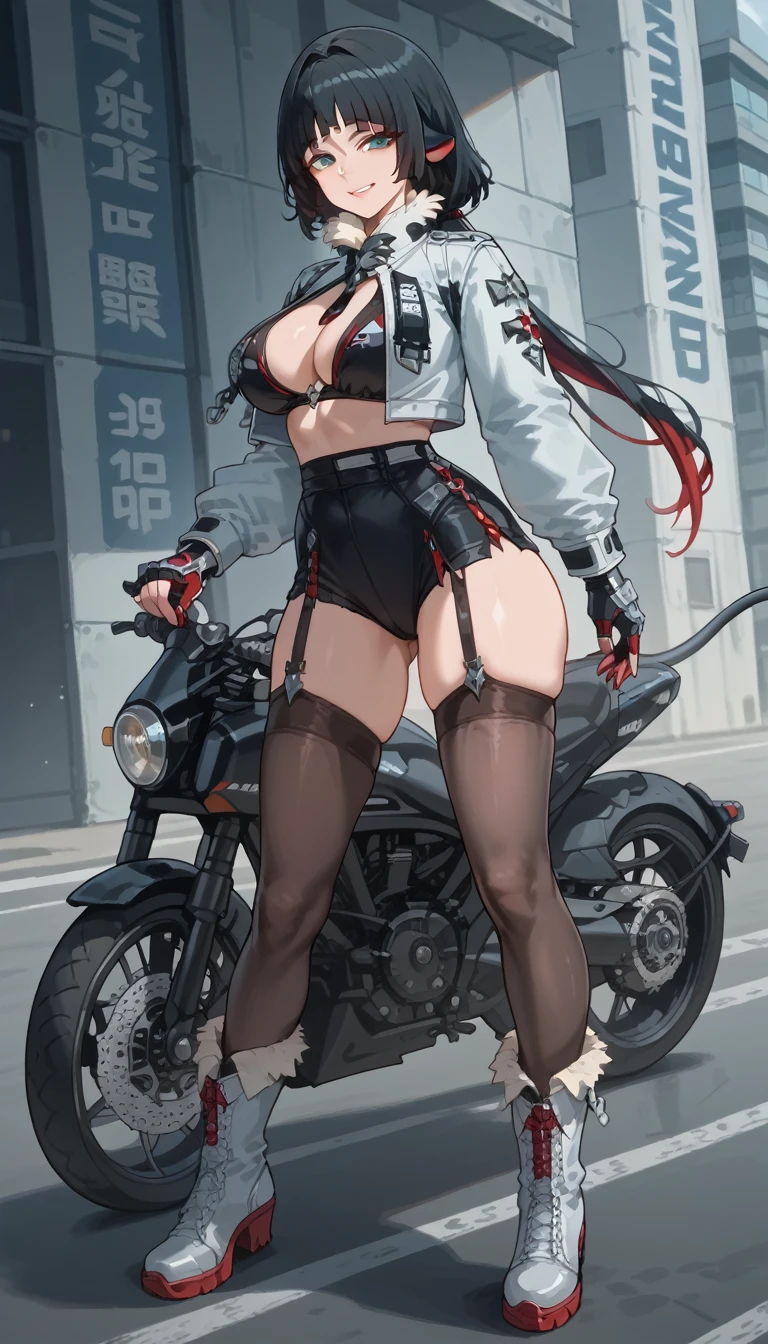 ultra-detailed, 1girl, KJOjane, ((masterpiece)), (best quality), (highres), 16K, perfect face, long hair, black hair, aqua eyes, blunt bangs, tail, mouse ears, animal ears, multicolored hair, red colored tips, black bikini, thighhighs, boots, busty body, large breasts and a beautiful ass, showcasing cleavage, legs, hips, looking at viewer, smile, detailed full body, motorcycle background