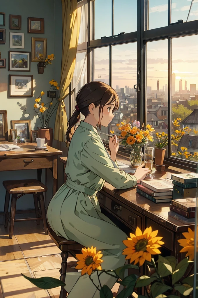 "A peaceful, artistic studio room with a large window overlooking an urban cityscape during sunrise or sunset. The golden sunlight casts warm, soft tones across the scene, contrasting with the cool blue tones of the buildings outside. A wooden desk sits by the window, cluttered with a few books, a cup, and a desk lamp. The window ledge is adorned with vases of vibrant flowers, including orange and yellow blossoms, adding a touch of nature to the urban setting. The room has a cozy, inviting atmosphere with textured, mosaic-like walls and furniture, emphasizing the balance between nature and the man-made environment. The sun is either rising or setting in the sky, casting a peaceful glow through the window. Artistic details include delicate lighting, shadows, and a soft, tranquil mood."