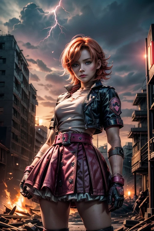 1girl,cowboy shot, beautiful nora_valkyrie, looking at viewer, smile, short hair, blue eyes, heart cutout, gloves, jacket, pink skirt, pink belt, short sleeves, puffy sleeves, single armband, fingerless gloves, short hair, orange hair, pink gloves, dynamic pose, night, lightning, standing on old suspension bridge, river, post-apocalypse, dystopian future, crowd, (crowd in military uniforms), bonfires, (volumetric lighting), best quality, masterpiece, intricate details, tonemapping, sharp focus, hyper detailed