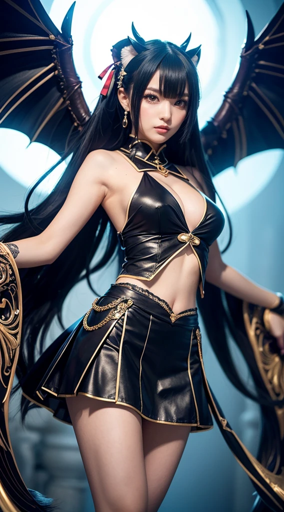 [monochrome: soft color: 0.6] theme, (masterpiece), (best quality), (detailed), light layer, glossy skin, (detailed intricate, stretched clothes, demon wings, hair ornament: 1.2), from above, gold hair, black choker, long hair, hime cut, straight bangs, side locks, green eyes, holding sickle, holding sword, (mature female: 1.1), [uncensored, NSFW,, (lactation), side ponytail BREAK (single bottom:1.1),