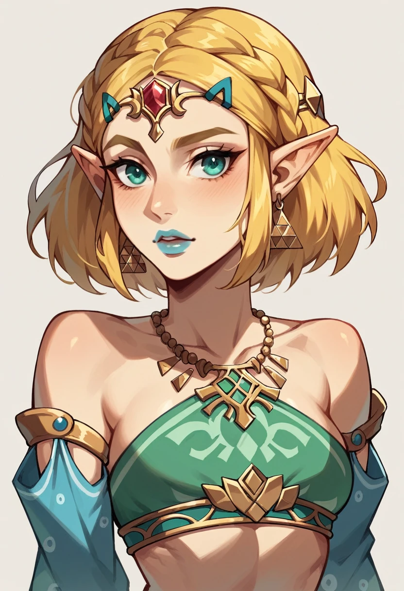 princess zelda as a gerudo, blue lips, blonde, short hair, oasis backround