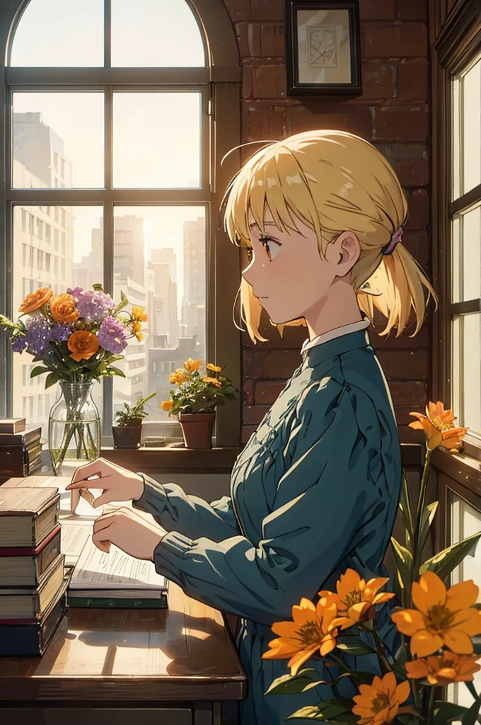 "A peaceful, artistic studio room with a large window overlooking an urban cityscape during sunrise or sunset. The golden sunlight casts warm, soft tones across the scene, contrasting with the cool blue tones of the buildings outside. A wooden desk sits by the window, cluttered with a few books, a cup, and a desk lamp. The window ledge is adorned with vases of vibrant flowers, including orange and yellow blossoms, adding a touch of nature to the urban setting. The room has a cozy, inviting atmosphere with textured, mosaic-like walls and furniture, emphasizing the balance between nature and the man-made environment. The sun is either rising or setting in the sky, casting a peaceful glow through the window. Artistic details include delicate lighting, shadows, and a soft, tranquil mood."---sref 1468417629