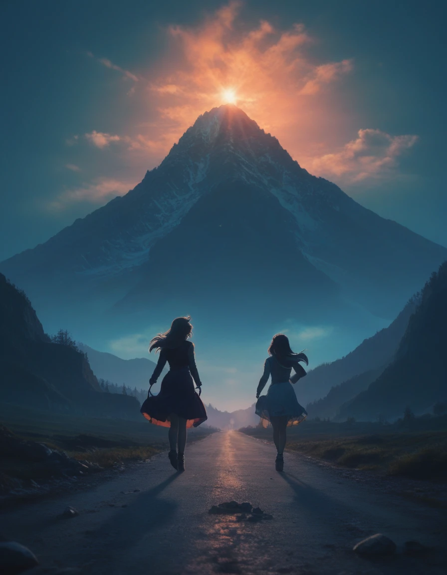 A highly detailed, dramatic, and colorful book cover for the novel 'The Road to the Black Mountain Peak.' The scene features two main characters, Leila and Ahmed, running separately toward a distant, glowing mountain peak, which appears like a star emitting beams of light. The mountain itself is dark and towering, giving a sense of mystery and danger, while the light at its summit represents a distant hope.

The road they are on is treacherous and uneven, full of sharp rocks, debris, and surrounded by thick swirling fog that creates an ominous and eerie atmosphere. Leila, a , is depicted with long brown hair flowing behind her, light blue eyes, and wearing a once-luxurious, now torn and ragged dress, reflecting her background of wealth and her current struggle. Beside her but at a distance, Ahmed, a boy of the same age, has short black hair, dark skin, and is dressed in simple, worn-out clothing, showcasing his humble origins.

The characters are shown from behind, highlighting their journey toward the black mountain, with the road ahead appearing daunting and dangerous. The landscape is haunting yet vividly colorful, with dark blues, purples, and oranges blending together to create a surreal environment. The contrast between the dark, menacing mountain and the glowing, hopeful light at its peak symbolizes the harshness of their path and the glimmer of hope they are chasing. The entire scene evokes a sense of both fear and determination, encapsulating the emotional and physical trials they face on their journey.

