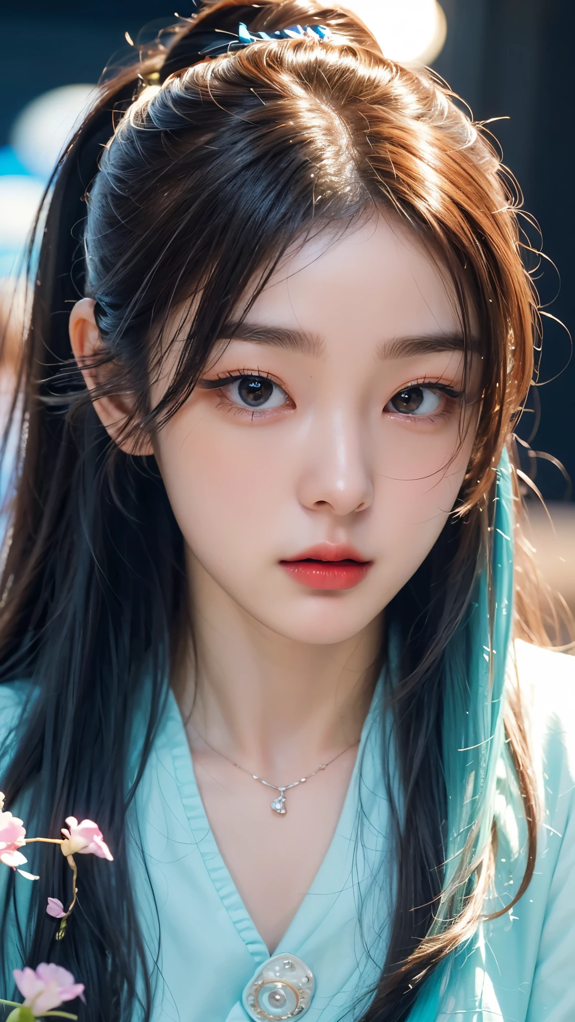 (masterpiece), (best quality), (ultra detailed),(disheed hair),(illustration), (1girl), (Fashionable clothing), standing, Fashion model, looking at viewer, (interview), (simple background), Beautiful detailed eyes, delicate beauty, floating, (high saturation), (colorful splash), colorful bubbles, (shine), focus on the face, ponytail, Ayaka Kamisato, light blue hair, bangs, scrunchies, floating flowers, flowing hair, (shiny), best lighting, best shadows, perfect hands