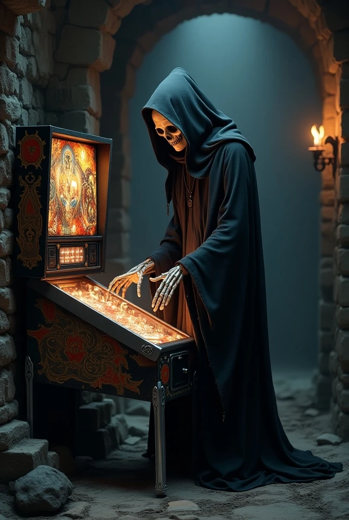 (Grim_Reaper in), (Skeleton_Monster), sits at a table, view the viewer, playing chess, Thinking, Confident demeanor, Masterpiece, Top quality, Best quality, High quality, Ultra-detailed, fire in the background, Vibrant colors, Solo, Extremely detailed