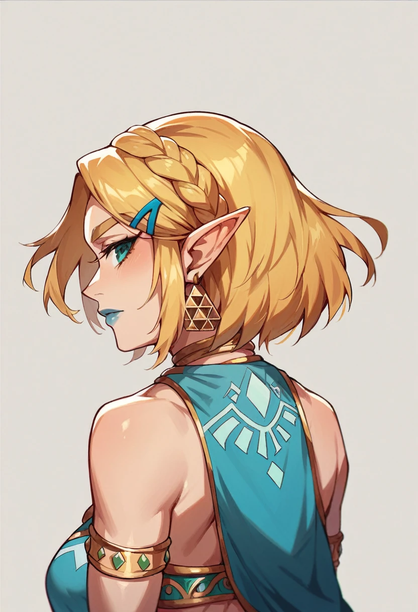 princess zelda as a gerudo, blue lips, blonde, short hair, oasis backround