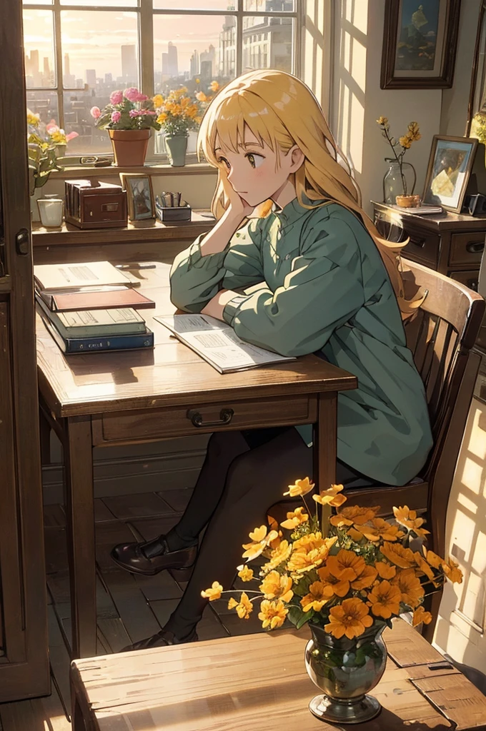 "A peaceful, artistic studio room with a large window overlooking an urban cityscape during sunrise or sunset. The golden sunlight casts warm, soft tones across the scene, contrasting with the cool blue tones of the buildings outside. A wooden desk sits by the window, cluttered with a few books, a cup, and a desk lamp. The window ledge is adorned with vases of vibrant flowers, including orange and yellow blossoms, adding a touch of nature to the urban setting. The room has a cozy, inviting atmosphere with textured, mosaic-like walls and furniture, emphasizing the balance between nature and the man-made environment. The sun is either rising or setting in the sky, casting a peaceful glow through the window. Artistic details include delicate lighting, shadows, and a soft, tranquil mood."---sref 1223417629