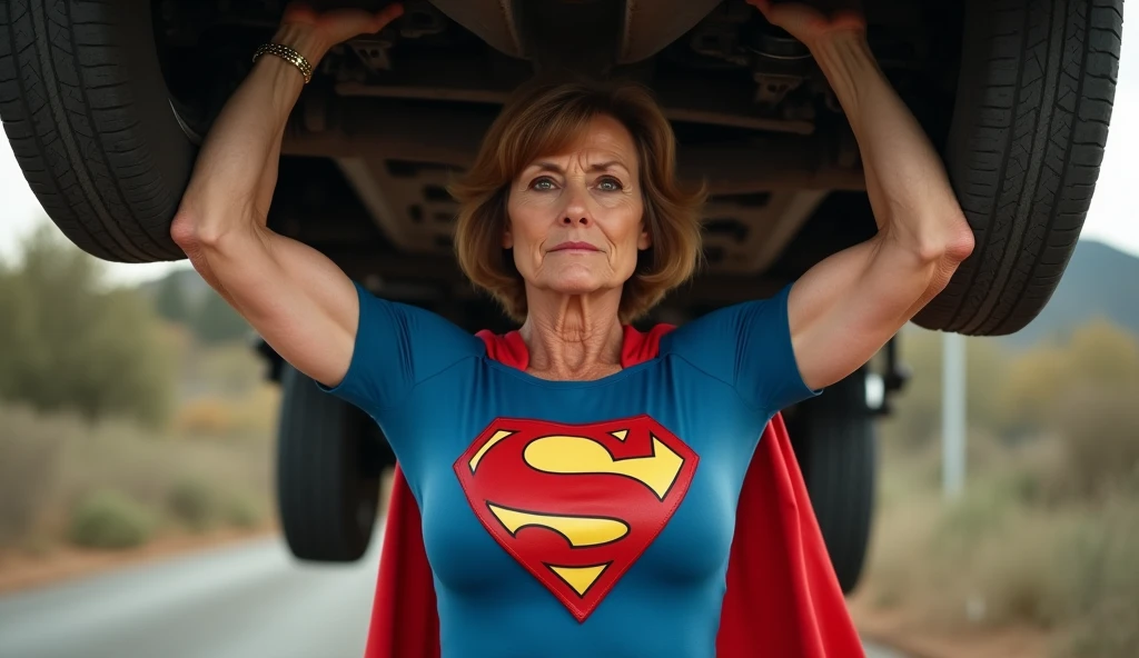 Superstrong Superold Superwoman(((1984s Supergirl costume))) Julie Hagerty (((beautiful body; 70 year old lady, beautiful woman, fit body))); big and strong breasts. levanta facilmente um a a truck on the road sobre sua cabeça; arms of a strong woman. HD. Photograph, ((realism)), extremely high quality RAW photograph, ultra detailed photograph, sharp focus, high resolution, (detailed skin:1,3),high quality, film grain, Fujifilm XT3,Highly Detailed, movie, (Cinematic Photo:1.3) of (Realistic:1.3)