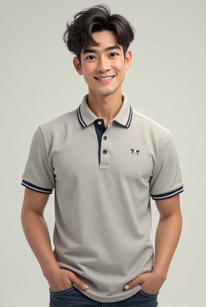 Korean man, Inspiration from Peng Yuyan, 23 years old, Korean muscular man ,The dining room is in the back, a tight-fitting polo shirt., open mouth smile