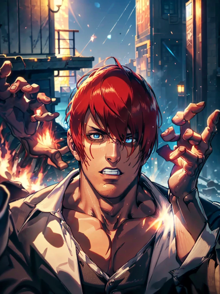 30 year old man, alone, alone, athletic, the clothes he wears are dirty and torn, video game character, The King of Fighters, Iori Yagami, blue fire, moonlight, beautiful and perfect fingers, eyes blank, has gesture of dementia, angry, enraged, has blood on his hands, beautiful character design, perfect face, looks at the viewer (focusing on the entire character), mouth open in fury, Light_Smile, official art, background 8k CG screen, extremely unity detailed, perfect lighting, bright and colorful front lighting, glowing skin (masterpiece: 1.0), (best quality: 1.0), ultra-high resolution, 4K, ultra-detailed photography, 8K, HDR, high resolution, nonsense: 1.2, Kodak portra 400, film grain, blurred background, bokeh: 1.2, lens flare, (vibrant_color: 1.2), professional photography, (beautiful_face: 1.5), (narrow waist)
