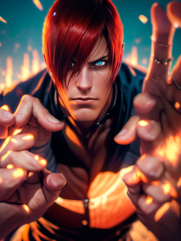 30 year old man, alone, alone, athletic, the clothes he wears are dirty and torn, video game character, The King of Fighters, Iori Yagami, blue fire, moonlight, beautiful and perfect fingers, eyes blank, has gesture of dementia, angry, enraged, has blood on his hands, beautiful character design, perfect face, looks at the viewer (focusing on the entire character), mouth open in fury, Light_Smile, official art, background 8k CG screen, extremely unity detailed, perfect lighting, bright and colorful front lighting, glowing skin (masterpiece: 1.0), (best quality: 1.0), ultra-high resolution, 4K, ultra-detailed photography, 8K, HDR, high resolution, nonsense: 1.2, Kodak portra 400, film grain, blurred background, bokeh: 1.2, lens flare, (vibrant_color: 1.2), professional photography, (beautiful_face: 1.5), (narrow waist)
