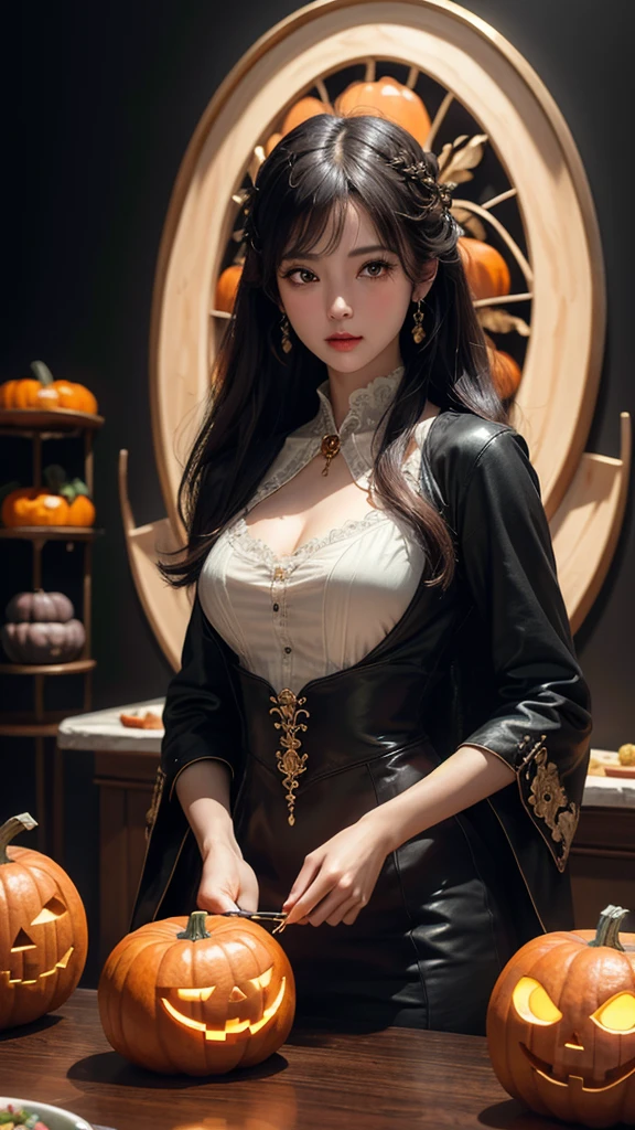 ( Cute Girl Carved with a Big Pumpkin：1.1），（whole body）， Beautiful Long Haired Girl ， Retro Coat Long Skirt ，16k，orange，peace of mind，  Honest Dining Table Background ， Fruit Carving ， Food Sculpture ，Three-dimensional sculpture，Stage Art ， Food Sculpture デザイン， close, Rotated, Rococo style, classicism,  depth of field, 超 High Resolution , masterpiece, Accurate,   Super Details ,  Growing from a High Place ,  high quality,  Award-winning,  best quality,  High Resolution , 16k，Soft Light Illumination，カボチャの顔