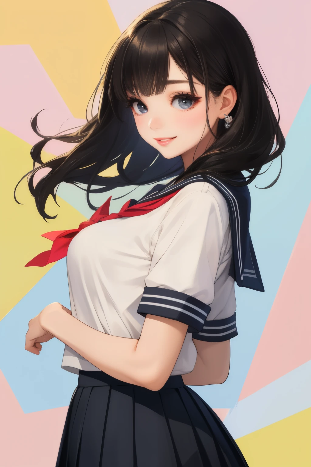 ( best quality ，32K High Resolution，masterpiece:1.2),  very detailed ，1 person，Young ，(ＪＣ，Sailor suit， pleated skirt )，(length,  Straight Black Hair )，，Product Selection，[ profile ，smile，Hopeful，Cute underwear arranged neatly，Colorful underwear， Light Up ，Soft and delicate texture，Impressive，Vibrant colors彩，Delicate fabric， Attention to Details， attention to beautiful details ，Beautiful lips details，length eyelashes，Vibrant colors，Soft and warm colors，