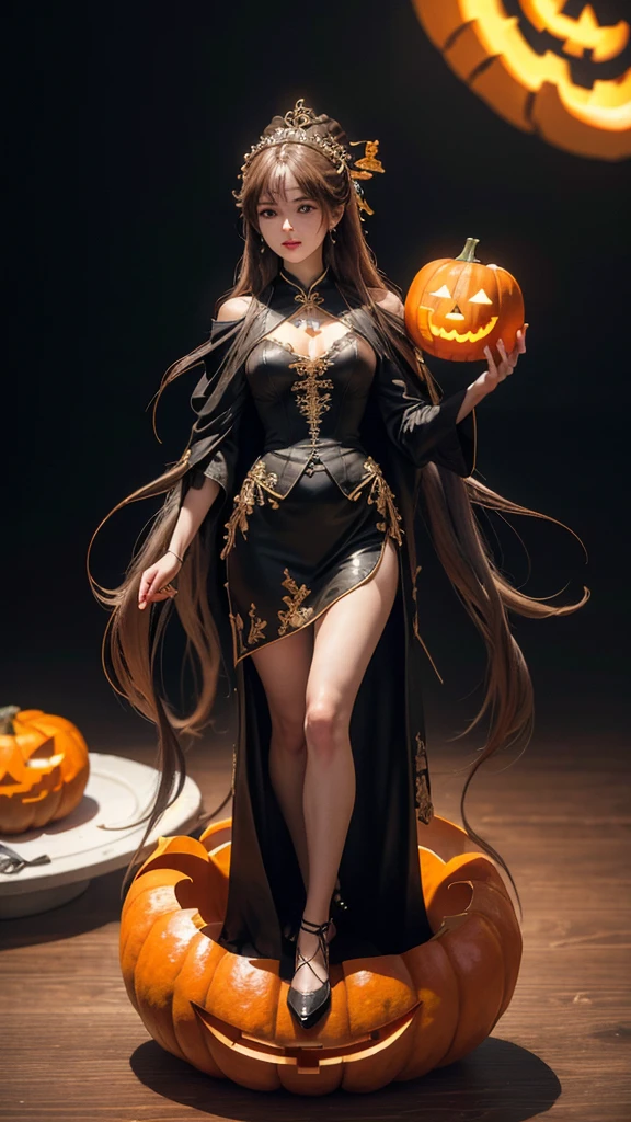 ( Cute Girl Carved with a Big Pumpkin：1.1），（whole body）， Beautiful Long Haired Girl ， Retro Coat Long Skirt ，16k，orange，peace of mind，  Honest Dining Table Background ， Fruit Carving ， Food Sculpture ，Three-dimensional sculpture，Stage Art ， Food Sculpture デザイン， close, Rotated, Rococo style, classicism,  depth of field, 超 High Resolution , masterpiece, Accurate,   Super Details ,  Growing from a High Place ,  high quality,  Award-winning,  best quality,  High Resolution , 16k，Soft Light Illumination，カボチャの顔