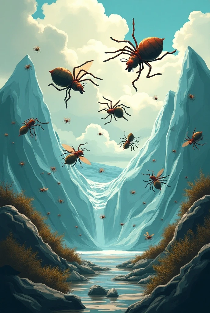 A single girl cocooned is swarmed by a great number of large spiders writhing a small spider web covered cave